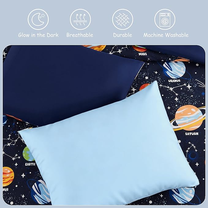 Toddler Bedding Set - 4 Pieces Toddler Comforter Set for Kids Boys,Glow in The Dark Space Bed in A Bag with Sheets