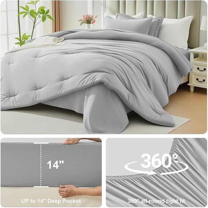 Oversized King Size Comforter Set 7 Pieces - Soft Bed in a Bag King Bed Set, Cozy Luxury Bedding Sets with All Season Comforter, Flat Sheet, Fitted Sheet, 2 Pillowcases & 2 Shams, Light Gray