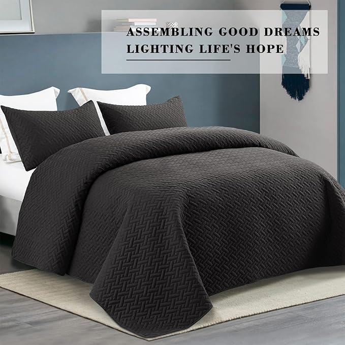 Exclusivo Mezcla King Size Quilt Bedspreads with Basket Weave Pattern, Soft Lightweight Summer Quilts Bedding Set Coverlets Bed Cover for All Seasons, Black
