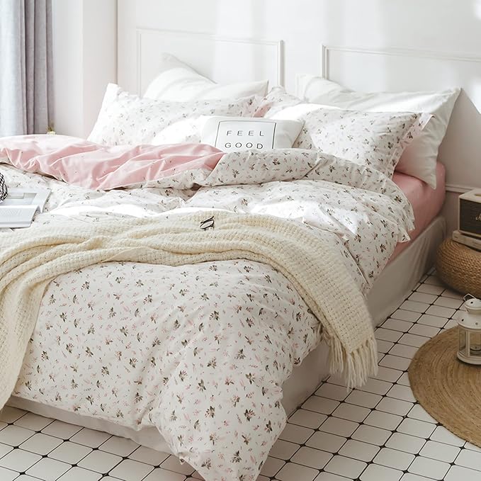 HighBuy Boho Floral Duvet Cover King Pink White Floral Cotton Coquette Bedding Comforter Covers King Lightweight Soft for Girl Garden Style Aesthetic Bedding Set with Zipper Closure