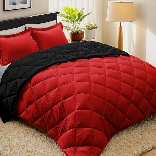 HIG 3pc Red Queen Size Comforter Set-All Season Reversible Down Alternative Comforter with Two Shams -Quilted Duvet Insert with Corner Tabs - Diamond Stitched Blanket - Breathable, Soft, Fluffy