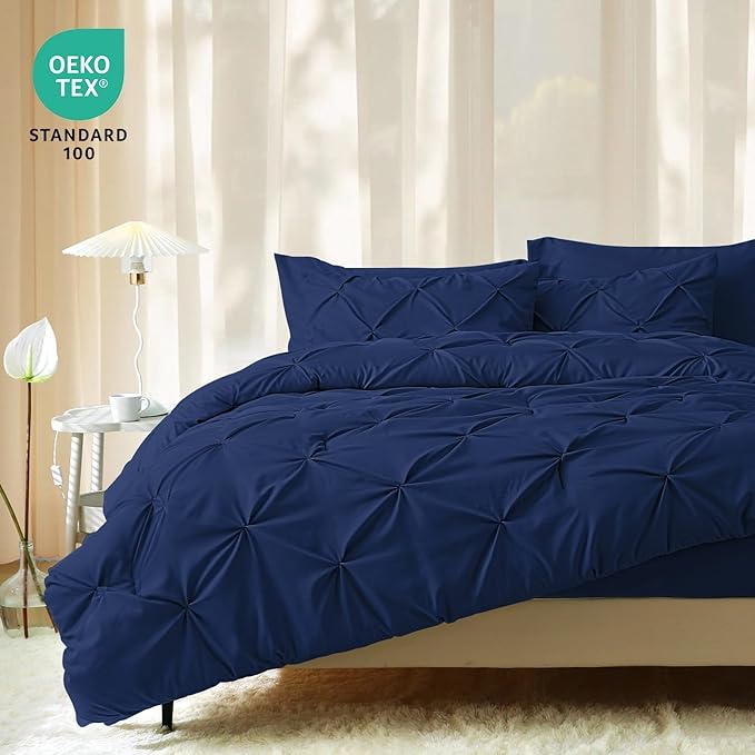JOLLYVOGUE Queen Comforter Set 7 Pieces - Bed in a Bag Queen for All Season, Pintuck Bedding Comforter Sets with Comforter, Flat Sheet, Fitted Sheet and Pillowcases & Shams, Navy