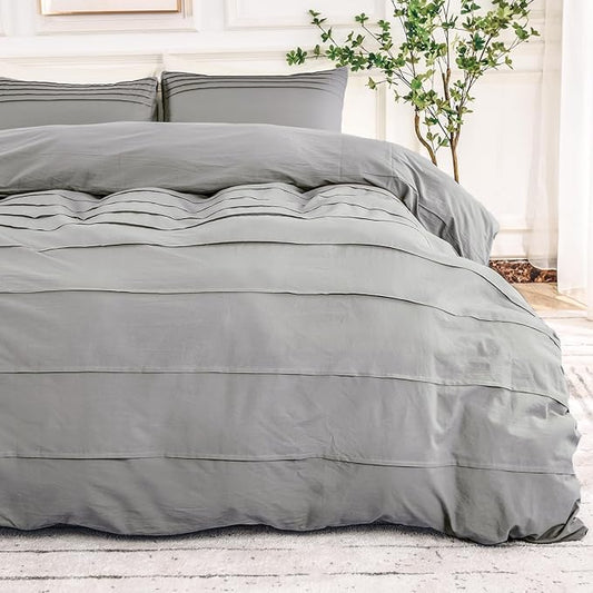 NEXHOME PRO 100% Organic Cotton Duvet Cover Full Size, Linen Pleated Textured Duvet Cover Set Light Grey, 3pc Bedding Set with Zipper Closure, Soft, Lightweight and Breathable (80"x90", No Comforter)