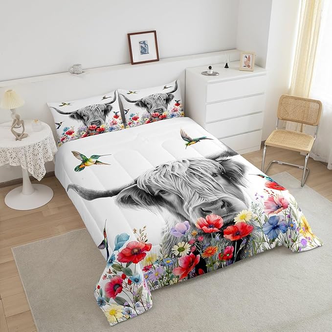 Highland Cow Comforter Set King, Red Poppy Floral Bedding Set for Teens Boys Girls Adult, Hummingbird Western Funny Animals Quilt Set Cattle Bull Cattle Wild Animals Farmhouse Down Comforter