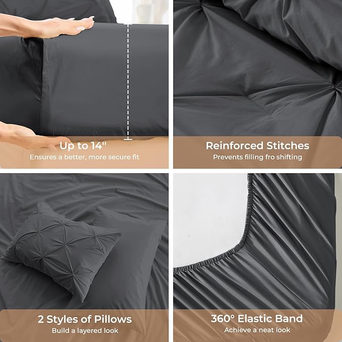 Sasttie King Size Comforter Set, 7-Piece Bed in a Bag, Pintuck Bedding Sets for All Season, Includes Comforter, Flat Sheet, Fitted Sheet, Pillowcases and Pillowshams, Dark Grey