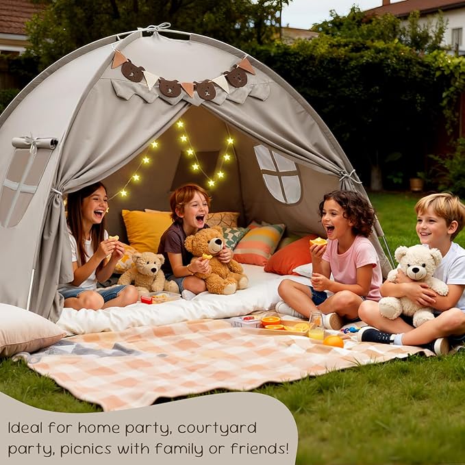 Full Bed Tent, Bunk Bed Tent Canopy with Stars Light & Flags, Breathable Sleeping Drafty, Privacy Space Dream Playhouse for Indoor Floor, Birthday Gifts, Grey