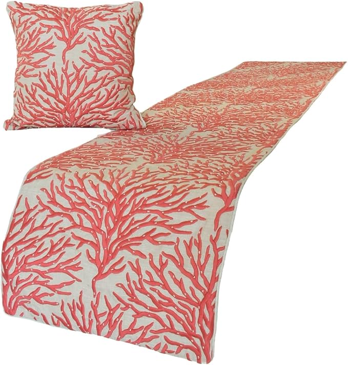 The HomeCentric King/Queen/Twin Coral, Peach & Pink Designer Twin 53"x18" Bed Runner with 2 Pillow Cover, Coral, Pearl Embroidery, Under The Sea & Beach Theme On Linen Fabric - Coraline Pearls