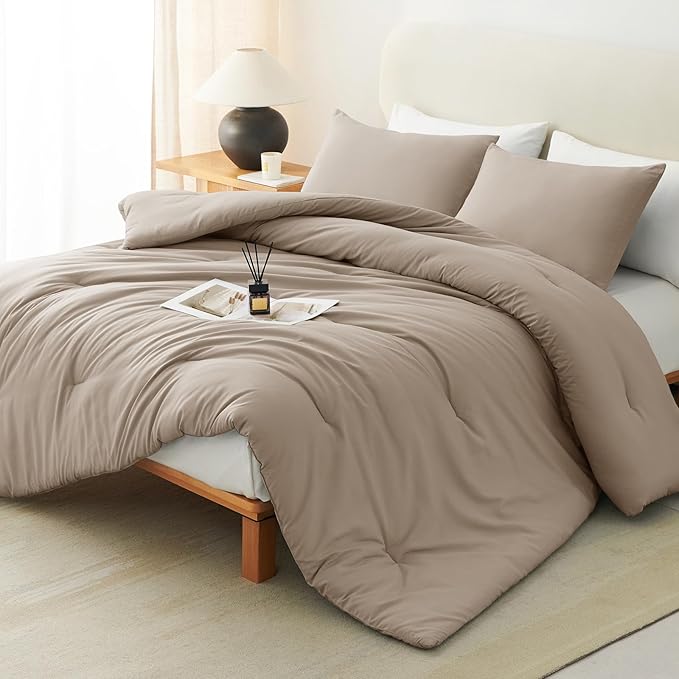 CozyLux Queen Comforter Set Khaki, 3 Pieces Solid Breathable Quilted Style Bedding Sets, Luxury Fluffy Soft Bed Set with Down Alternative Comforter for All Season (1 Comforter & 2 Pillowcases)
