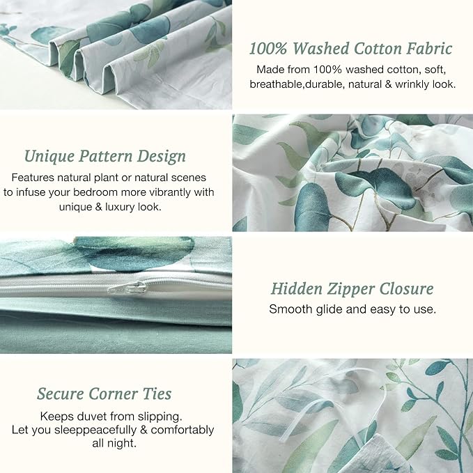 MILDLY Duvet Cover Leaf Pattern- 100% Washed Cotton Eucalyptus Printed Comforter Cover Linen Feel Sage Green Bedding Set with Zipper Closure 4 Ties Twin Size