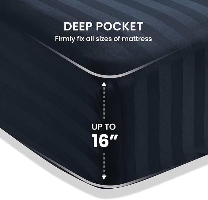 SLEEP ZONE Striped Cooling Sheets Set King Size - Fitted Flat Sheet & Pillowcase Sets 4 Piece - Super Soft Stripe Bed Sheet, Easy Care, Deep Pocket (Navy Blue, King)