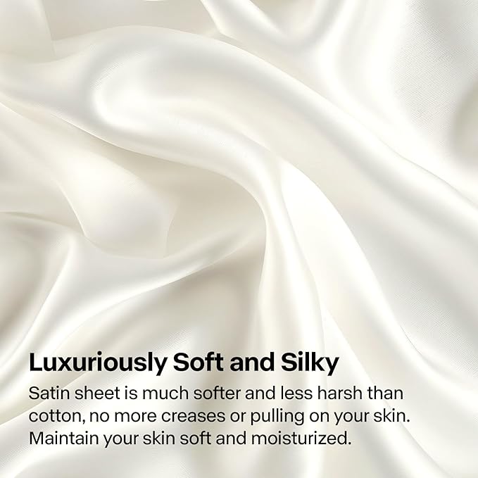 BEDELITE King Size Sheets Set, Luxury Soft Ivory White Satin Sheets for Hair and Skin, Similar to Silk Bed Sheets Set 4 Pieces with 1 Deep Pocket Fitted Sheet, 1 Flat Sheet, and 2 Pillowcases