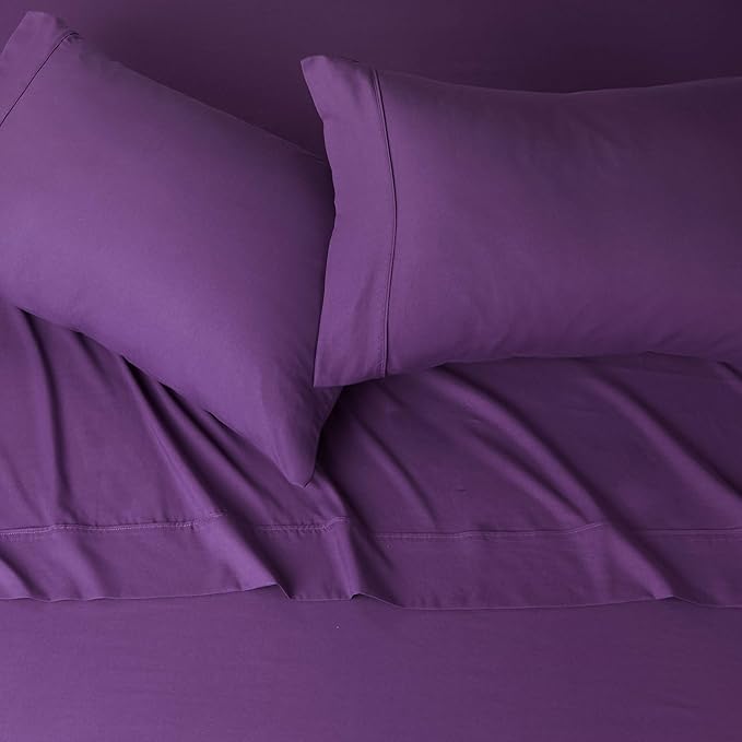 Amazon Basics Lightweight Super Soft,Comfortable Easy Care Microfiber 4 Piece Bed Sheet Set with 14-Inch Deep Pockets,Queen,Plum,Solid,(Pack of 4)