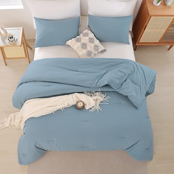 ROSGONIA California King Comforter Set Dusty Blue, 3pcs (1 Boho Cal King Comforter & 2 Pillowcases), All Season Bedding Bedspread Blanket Quilt