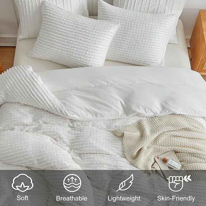 WARMDERN Boho Duvet Cover Set King Size,White Striped Duvet Cover Microfiber Bedding Set,3PCS Ultra Soft Breathable Lightweight Tuft Texture Pattern Duvet Covers with Zipper Closure(White,King)