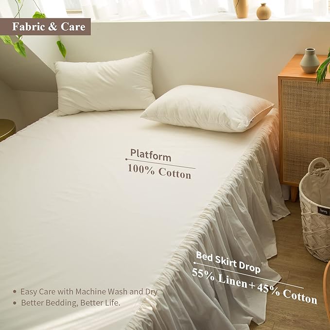 BISELINA French Linen Bed Skirt with Pleated Frills 18-Inch Tailored Drop Natural Flax Cotton Blend Dust Ruffle Soft Cozy Farmhouse Bedding (18" King, Ruffle White)