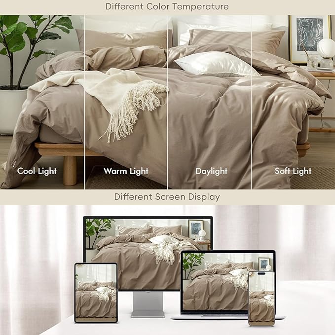 MooMee Bedding Duvet Cover Set 100% Washed Cotton Linen Like Textured Breathable Durable Soft Comfy (Mocha Brown, Alaska King)