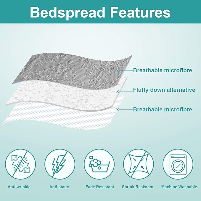 Hansleep Grey Quilt California King Size - Damask Ultrasonic All Season Bedspread California King, Soft Lightweight Coverlet Bedding Set, 3 Pieces (1 Quilt, 2 Pillow Shams)