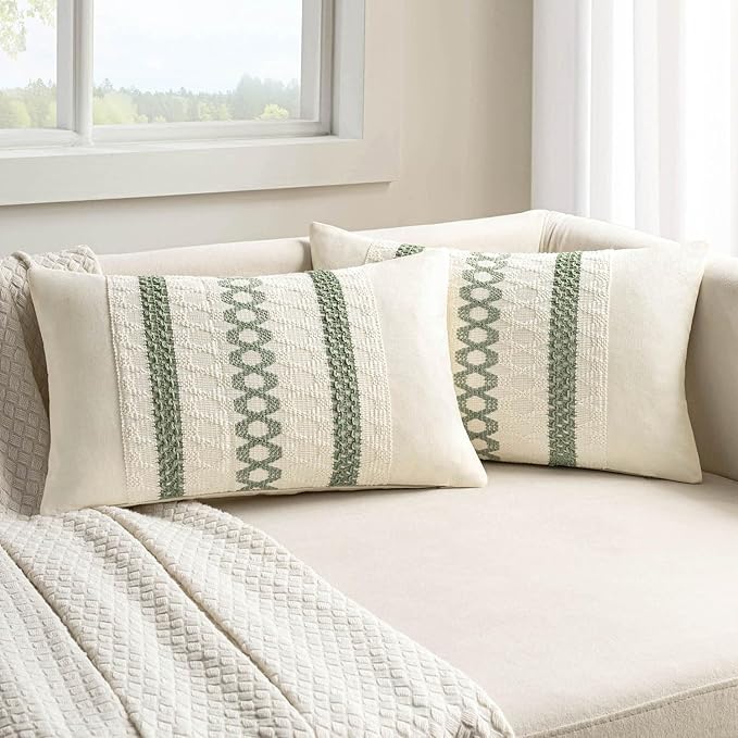 MIULEE Set of 2 Sage Green Boho Decorative Lumbar Pillow Covers 12x24 Inch Farmhouse Rustic Couch Throw Pillows Modern Summer Cushion Covers Retro Cute Macrame Woven Spring Decor for Bed Sofa Chair