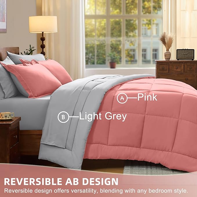 FUANNA Queen Comforter Set 7 Pieces, Reversible Bed in a Bag with All Season Soft Comforter, Bedding Sets Includes Comforter, Flat Sheet, Fitted Sheet, Pillowcases & Shams, Pink & Light Grey