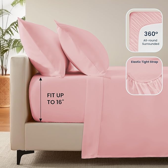 SLEEP ZONE Nanotex Super Soft Cooling Full Size Bed Sheets Set 4 Piece - Easy Care Fitted Flat Sheet & Pillowcase Sets - Wrinkle Free, Fade Resistant, Deep Pocket 16" (Ballet Pink, Full)
