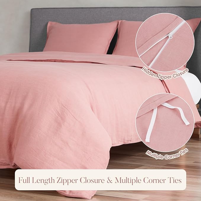 DAPU 100% Linen Duvet Cover Set - Pure Natural French Flax Linen with Corner Ties and Zipper Closure Soft Breathable Durable for Hot Sleepers 1 Duvet Cover 2 Pillowcases (Pink Clay, King)