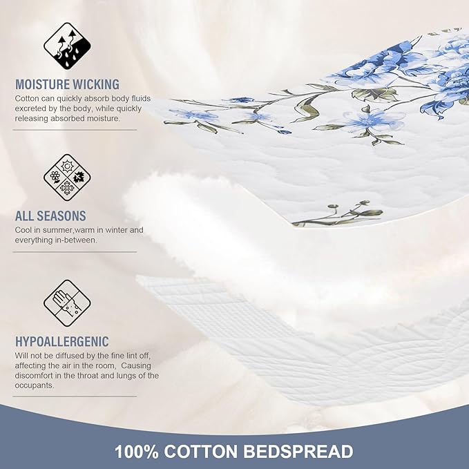 Floral Bedspreads Queen Size Extra Large, 120x102 Oversized Quilt Bedspread Coverlet, 100% Cotton Blue and White Bedding Set with Shams, Lightweight Soft Quilted Thin Comforter, 3 Piece