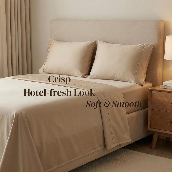 Beckham Hotel Collection 100% Cotton Pillow Cases Standard/Queen Size Set of 2, 500TC, Luxury Sateen Pillowcases, Open End, Breathable, Moisture-Wicking, Sand