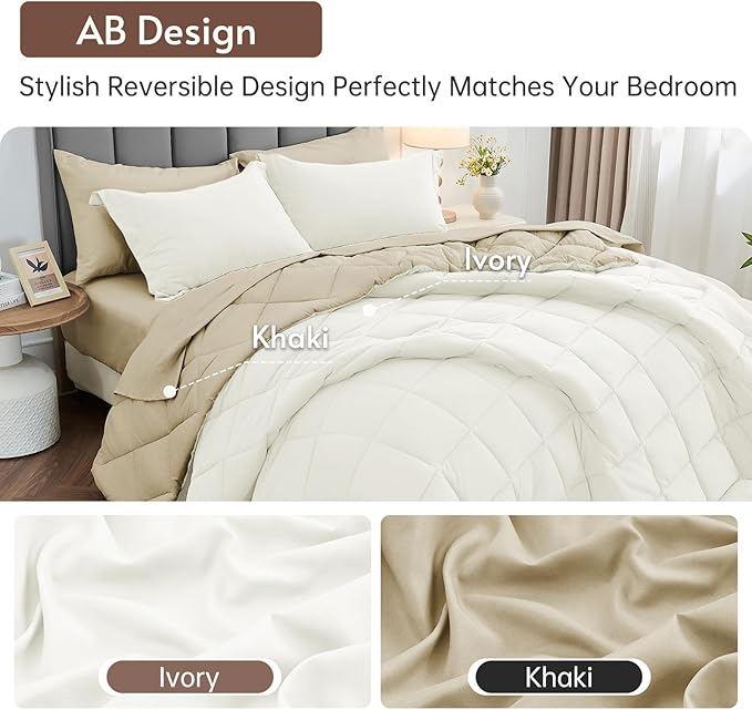 MUXHOMO 7 Pieces Queen Comforter Set, Reversible Bed in a Bag Queen Size, All Season Bedding Set with Comforter, Flat Sheet, Fitted Sheet, Pillowcases & Shams, Ivory & Khaki