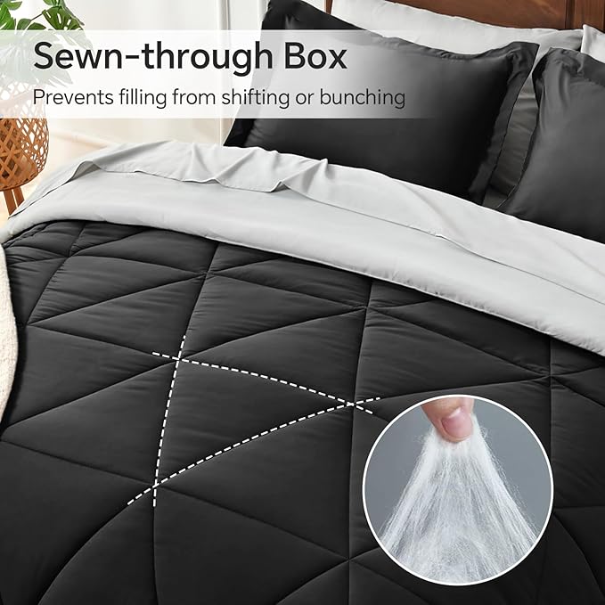 BEDELITE Full Size Comforter Sets 7 Pieces Bed in A Bag - Soft Microfiber Reversible Black Bed Set with Comforters, Sheets, Pillowcases & Shams, Cozy Luxury Bedding Sets for All Season