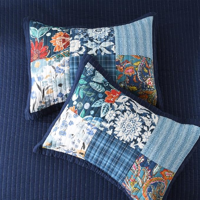 Autumn Dream Cotton Bedspread Quilt Sets Reversible Bedding Coverlet Sets, Luxury Vintage Paisley Floral Patchwork Blue Bedspread, Queen Size