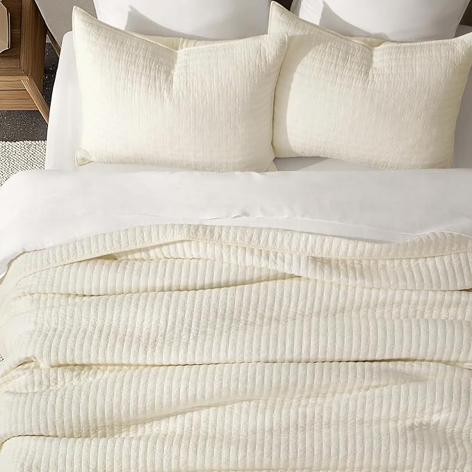 EVERGRACE Cross Stitch Pre-Washed Cotton Quilt Bedding Set Queen Size, Oversized 3 Pieces Lightweight Bedspread Coverlet for All Season, with 2 Matching Shams, Cream, 92"x96"