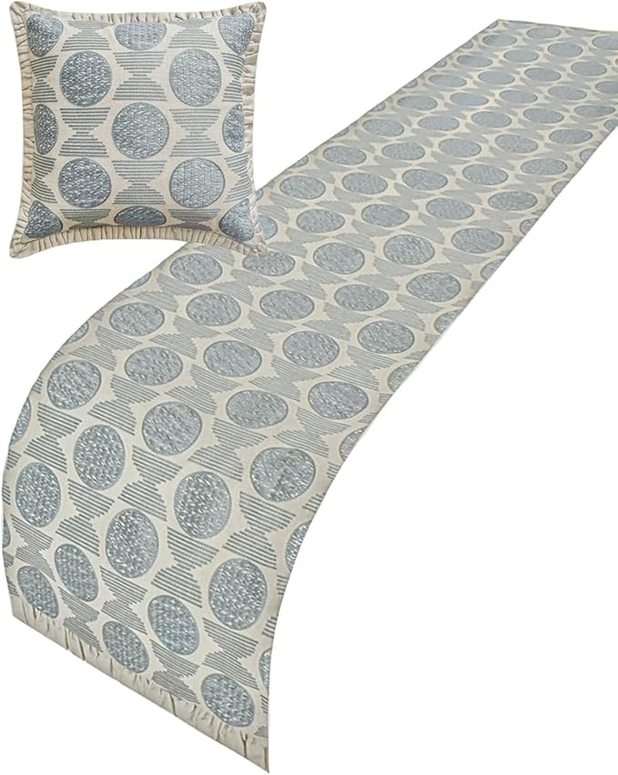 The HomeCentric King/Queen/Twin Blue Decorative Bed Runner Queen 74"x18" Bed Runner with Two Pillow Cover, Embroidery, Ruffles Bed Scarf on Linen Fabric - Ellara Blue