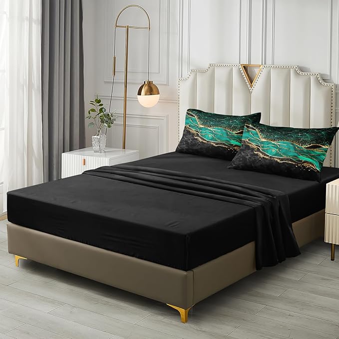 Black Gold Comforter 8 Pieces Queen Bed in a Bag, Emerald Green Marble Bed Set with Comforter, Fitted Sheet, Flat Sheet, Matching Pillowcases, Abstract Bedding Set for All Season