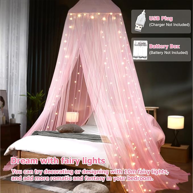 Bed Canopy with Lights, Bed Canopy for Girls Princess with Luminous Stars, Canopy Bed Curtains for Twin to King Size Bed, Baby Kids Adult Indoor Decor Bedroom Reading Nook Outdoor Camping, Pink