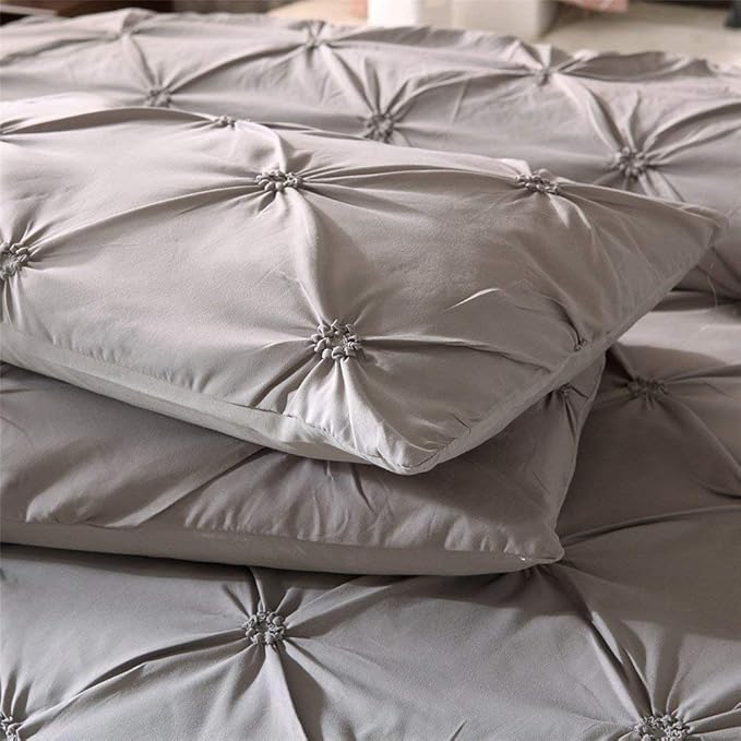 Feelyou King Duvet Cover Set Pinch Pleated, Soft Polyester Pintuck Tufted Style Bedding Sets Solid Grey Geometric Quilt Cover with 2 Pillow Shams, Luxurious Comforter Cover Set,3-Pieces