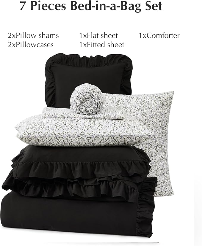 Full Comforter Set - 7 Pieces Ruffle Black Bedding Sets, Shabby Chic Farmhouse Bed in a Bag Full with Ruffle Comforter, Floral Sheets, Pillowcases & Shams