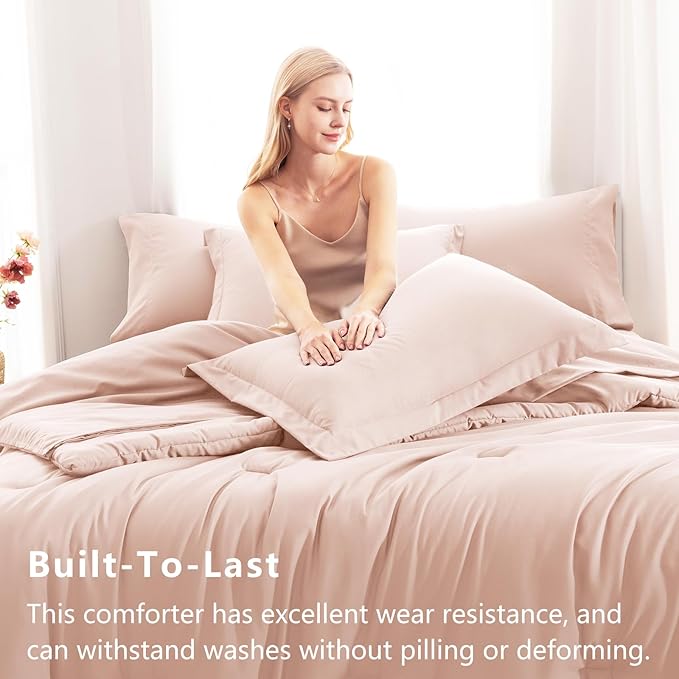 CozyLux Queen Comforter Set Blush Pink, 7 Pieces Bed in a Bag Queen Comforter Set with Sheets, Bedding Sets with Down Alternative Comforter, Fitted Sheets, Flat Sheets, Pillow Shams and Pillowcases