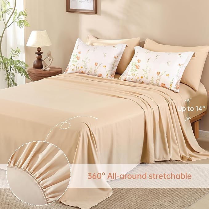 Yiran Coral Orange Watercolour Floral Comforter Set Queen Size, 7 Piece Cute Botanical Comforter Bedding Set, Bed in a Bag Queen, Soft Microfiber Complete Bedding Set with Sheets for All Season