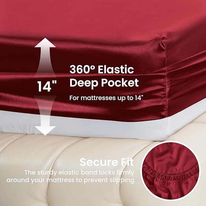 Love's cabin Full Size Satin Sheet Sets - 4 Piece Burgundy Silky Satin Sheet Set Full with Deep Pocket, Luxury Silk Feel Satin Bed Sheets Full Bedding Set (1 Flat Sheet,1 Fitted Sheet,2 Pillow Cases)