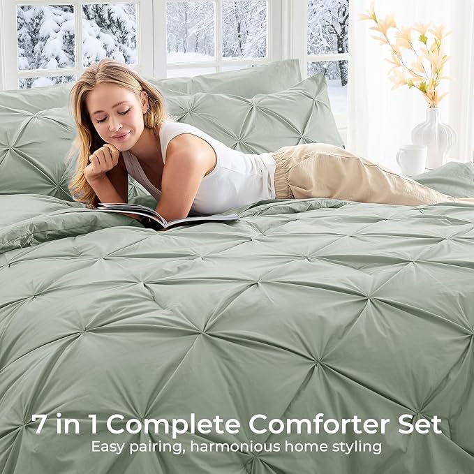 Sasttie California King Comforter Set, 7-Piece Bed in a Bag Cal King, Pintuck Bedding Set for All Season, Includes Comforter, Flat Sheet, Fitted Sheet, Pillowcases and Pillowshams, Sage Grey