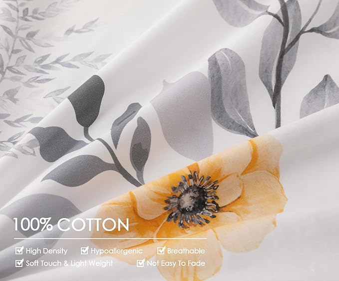 Queen Size Duvet Cover Set with Button Closure - Black and Yellow Botanical Luxury Bedding for a Comfortable Sleeping