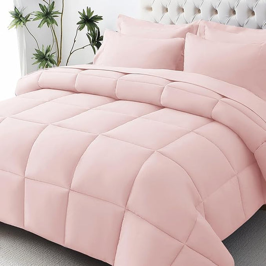 JOLLYVOGUE Queen Comforter Set, Ultra-Soft Bed in a Bag Queen Size 7 Pieces, Oeko-TEX Certified Bedding Set with Down Alternative Comforter, Sheets, Pillowcases & Shams, Blush Pink