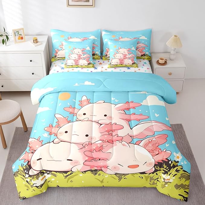Feelyou Kids Cute Axolotl 7 Pieces Bedding Set Queen Size, Cartoon Salamander Bed in A Bag Ocean Sealife Comforter Set with Sheets Boys Girls Kawaii Animal Teens Bed Set Bedroom Decor 7Pcs
