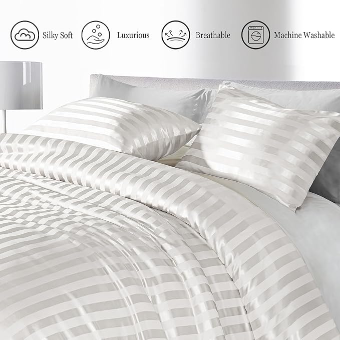 Whale Flotilla 2-Piece Reversible Silky Soft Twin Size Comforter Set, Luxury Stripe Satin Comforter Bedding Set with Satin Pillowcase, Lightweight Duvet for All Seasons, White