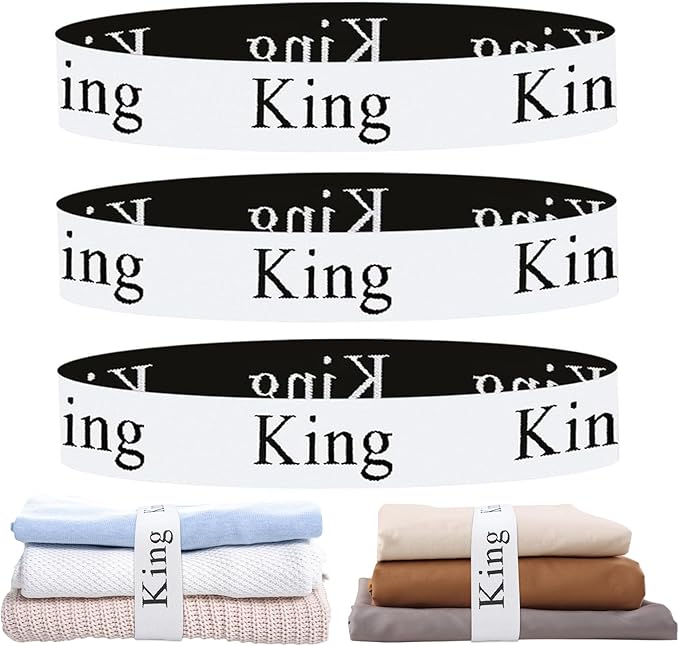 Bed Sheet Organizer Bands Bed Sheet Organizer and Storage Size Label Bands for Closet Organization Linen Elastic Bedding Straps for Foldable Bedsheet, Pillow Case, Duvet