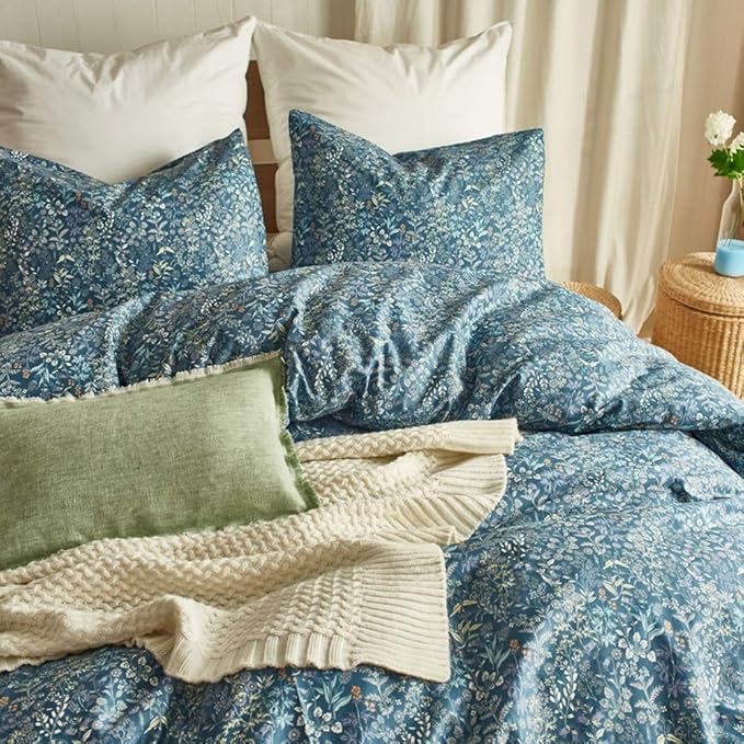 mixinni Small Blue Flower Duvet Cover Full Garden Style Floral Duvet Comforter Cover Soft Cotton Bedding Set with Zipper Closure 4 Corner Ties for Girls-Full Size