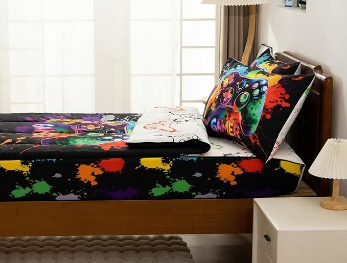 Meeting Story 3pcs Kids Comforter Set Twin Zip up Bedding Set for Boys,Kid Bedding Set Game Print Comforter Set for Kid,All in one Zipper Bedding（Darkblack,Twin）
