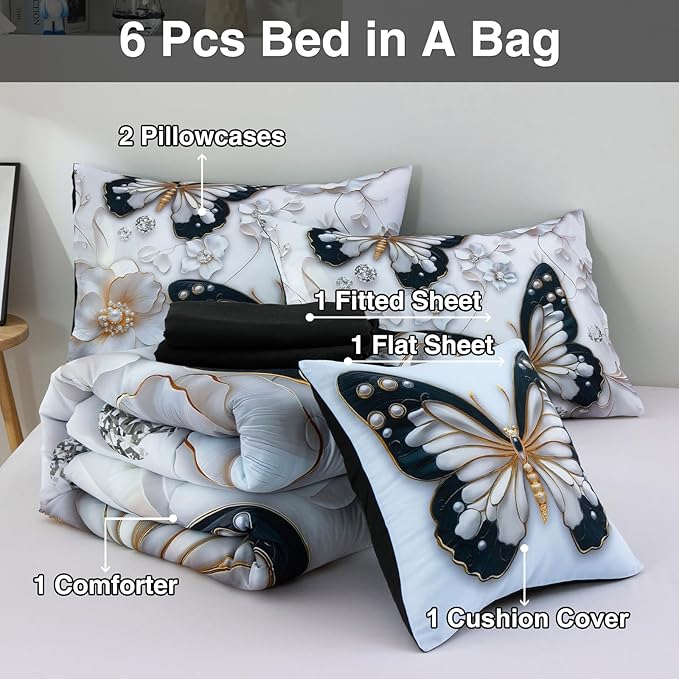 A Nice Night 6pcs Bed in A Bag Black and Glod Dreamy 3D Butterfly Printed, with Pearl Flower Design Butterflies Bedding Queen Comforter Set, for Girls Kids Teens