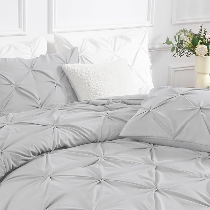 Andency Gray Pinch Pleat Comforter Twin(66x90Inch), 2 Pieces(1 Grey Pintuck Comforter and 1 Pillowcase) Microfiber Down Alternative Bedding Set