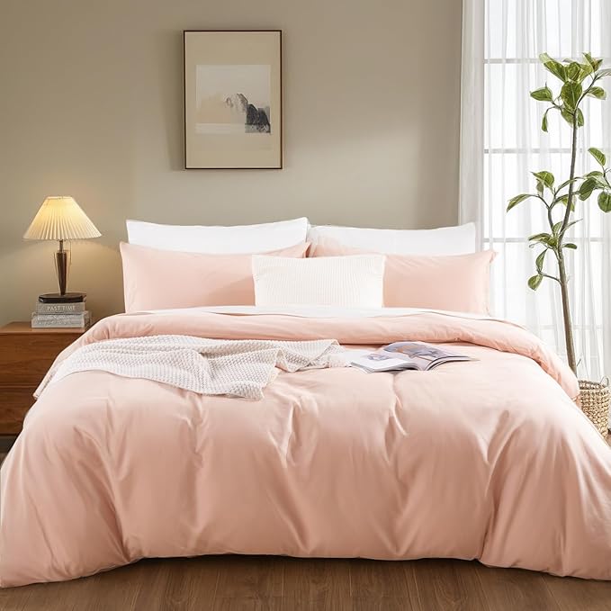 NEXHOME PRO 100% Washed Cotton Duvet Cover King Size, Linen Feel Textured Organic Natural Duvet Cover Set 3 Pieces Bedding with Zipper Closure, Breathable, Dusty Pink(No Comforter)